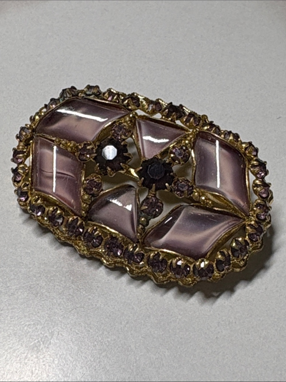 Vintage Lavender Glass and Purple Crystal Gold-Tone Brooch